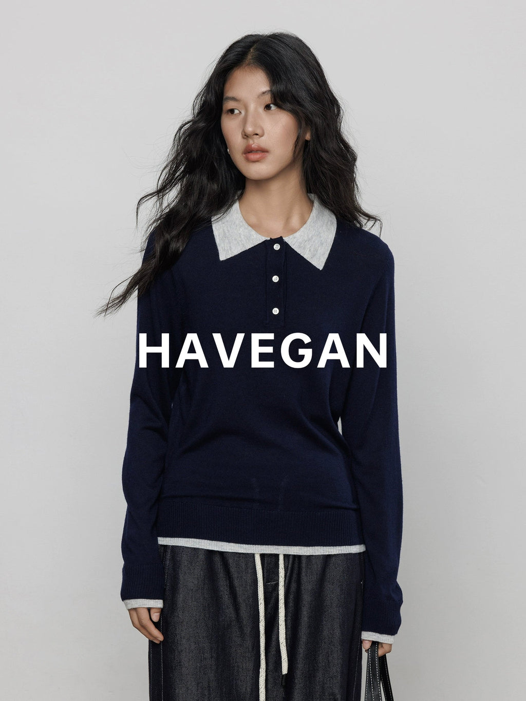 Contrast Collar Long-Sleeved Tops_BDHL7694