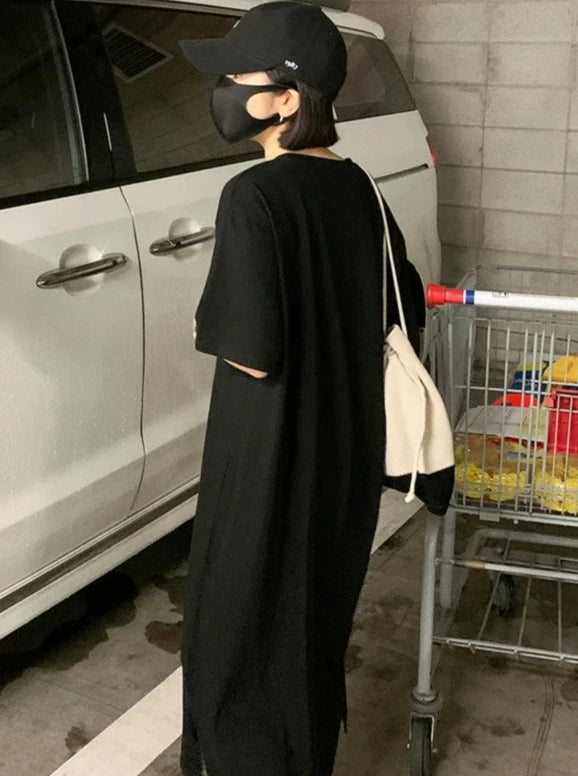 Oversized Short-Sleeved Slit Dress_BDHL6270