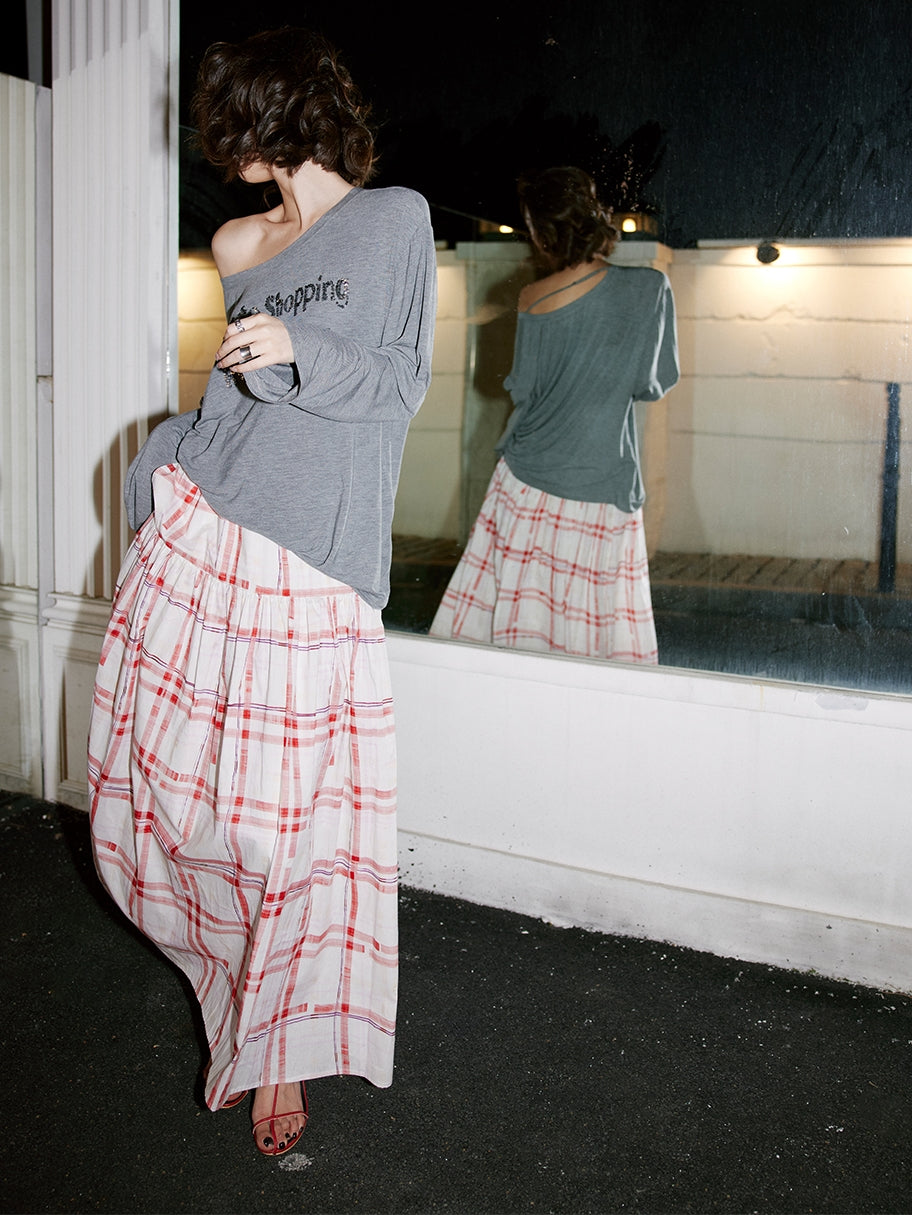Red Chequered Swing Skirt_BDHL7473