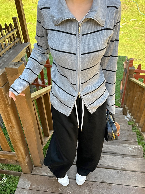 Striped Zip-Up Knit Cardigan_BDHL7660