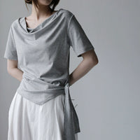 Swing Collar Side Lace Tencel Short Sleeve T-Shirt_BDHL7300