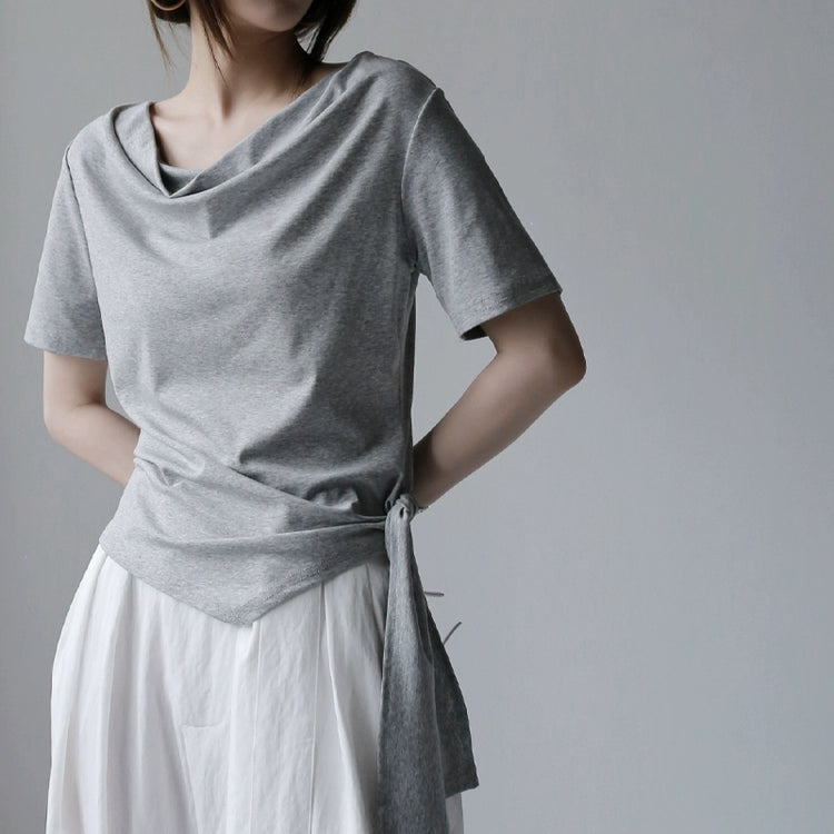 Swing Collar Side Lace Tencel Short Sleeve T-Shirt_BDHL7300