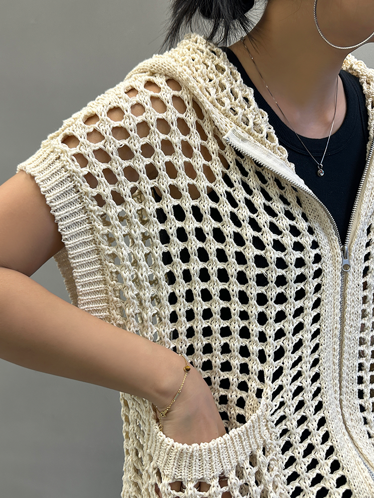 Hooded Hollow Knit Cardigan_BDHL7157