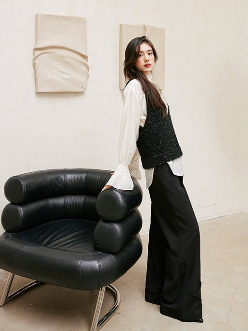 Glitter U-Neck Black Knitted Vest_BDHL6756