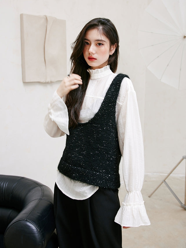 Glitter U-Neck Black Knitted Vest_BDHL6756