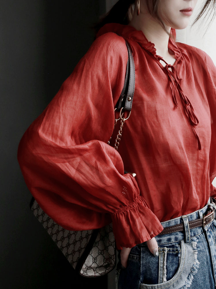 Collar Ribbon Bell Sleeve Shirt_BDHL7270