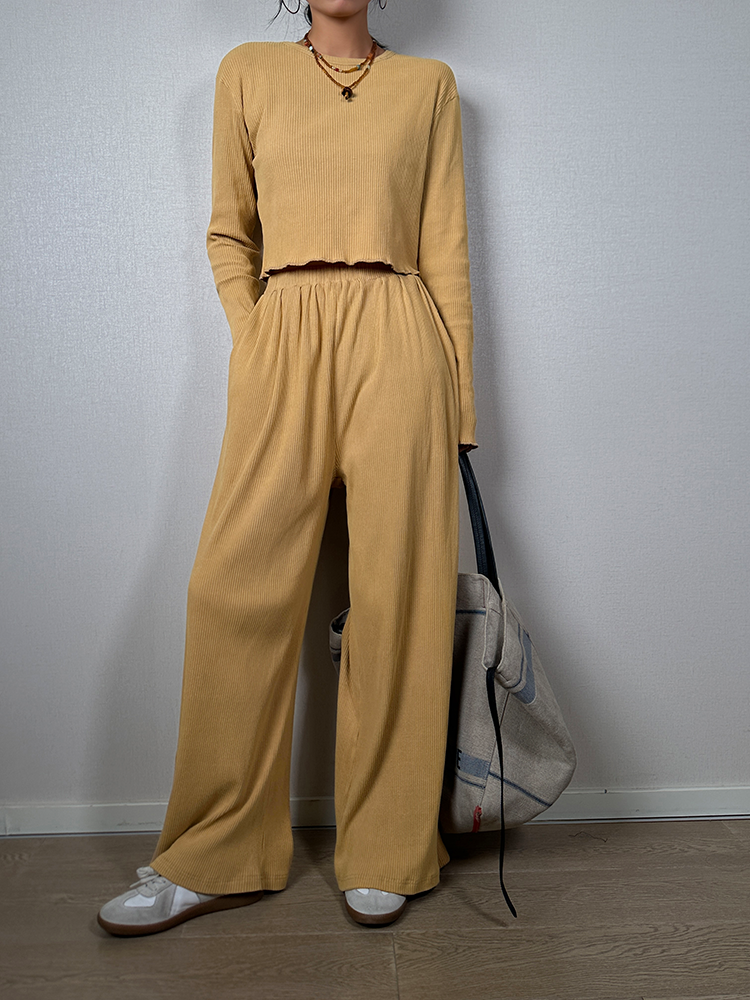 Ribbed Long-Sleeved Tops And Pants Set_BDHL6416