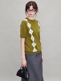 Green Argyle Short-Sleeved Tops Or Cardigan_BDHL6631