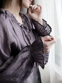 Collar Ribbon Bell Sleeve Shirt_BDHL7270