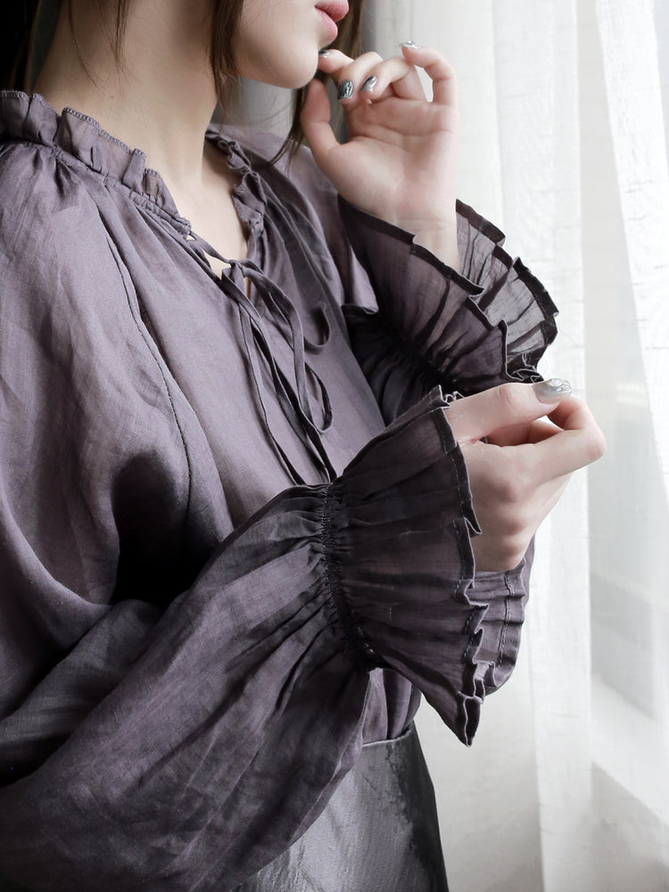 Collar Ribbon Bell Sleeve Shirt_BDHL7270