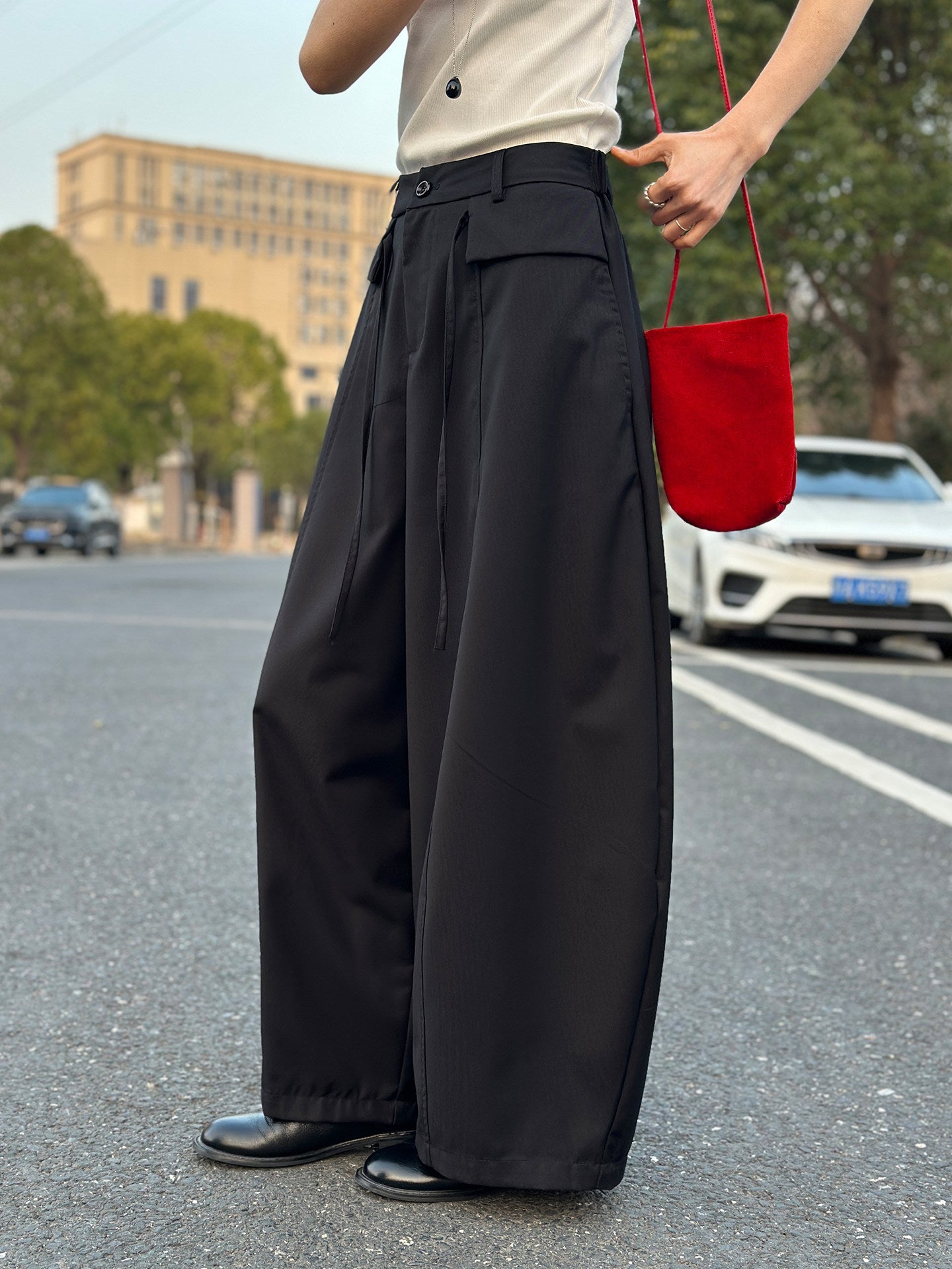 Double Layered Drawstring Wide Leg Drape Pants_BDHL8261