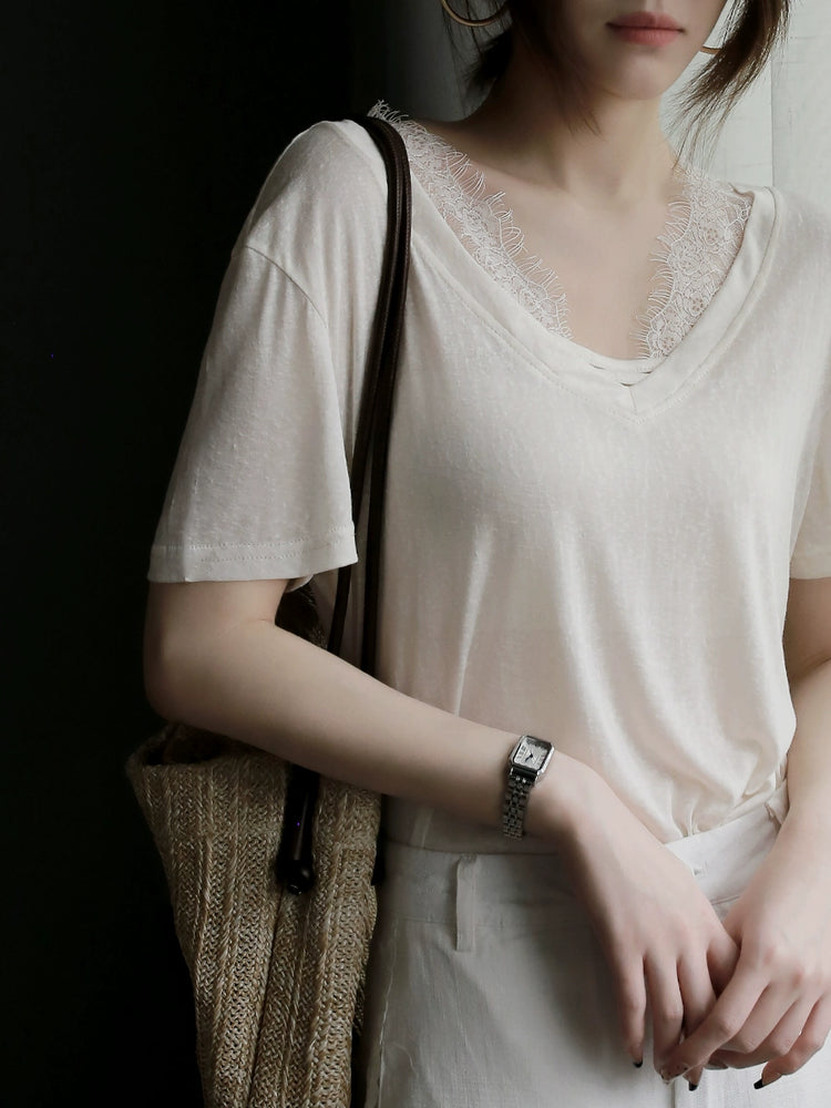 Cloud Cotton Lace Panel V-Neck Sheer T-Shirt_BDHL7303