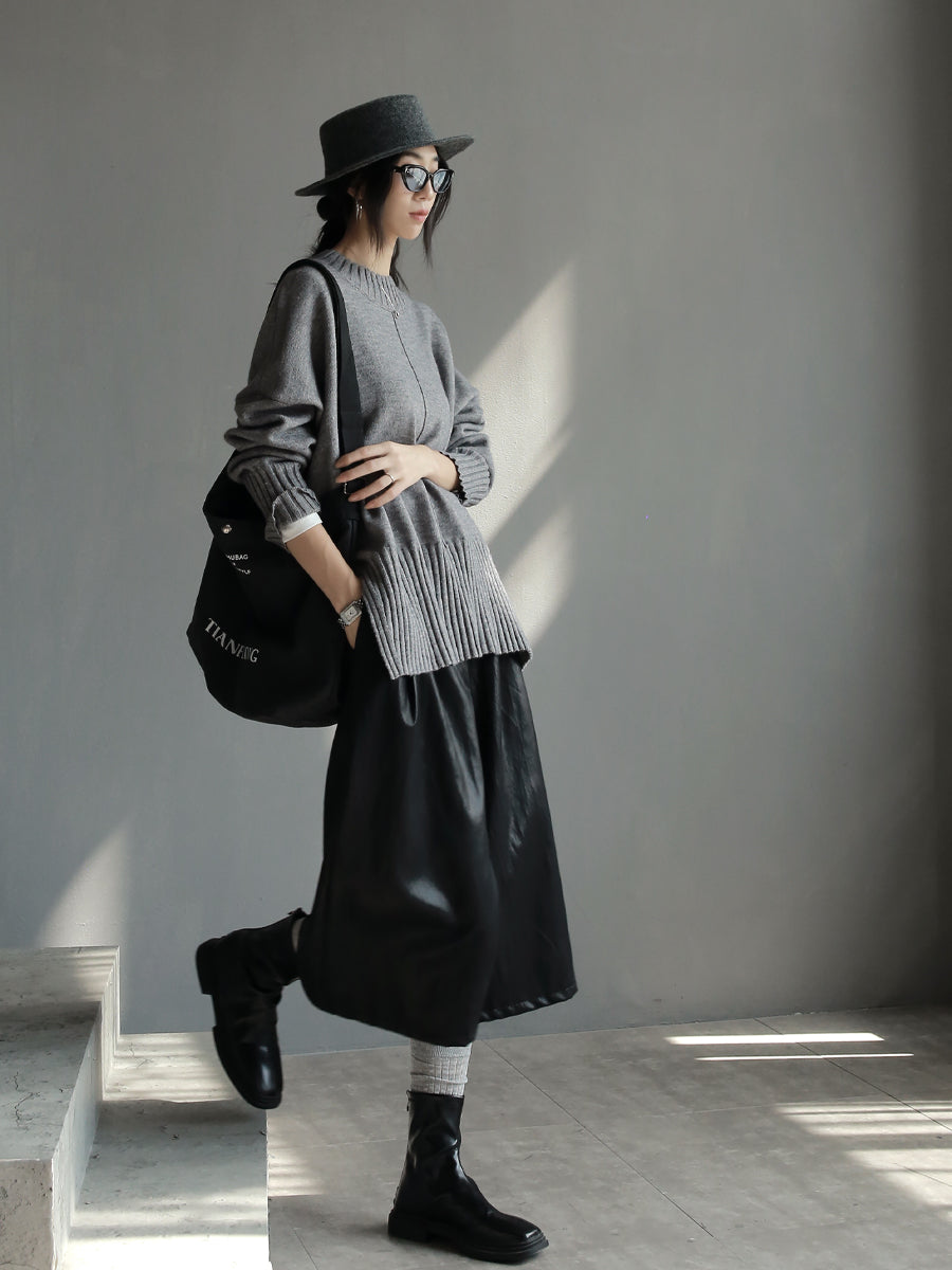 Crew-Neck Loose-Hem Knit Tops_BDHL7927