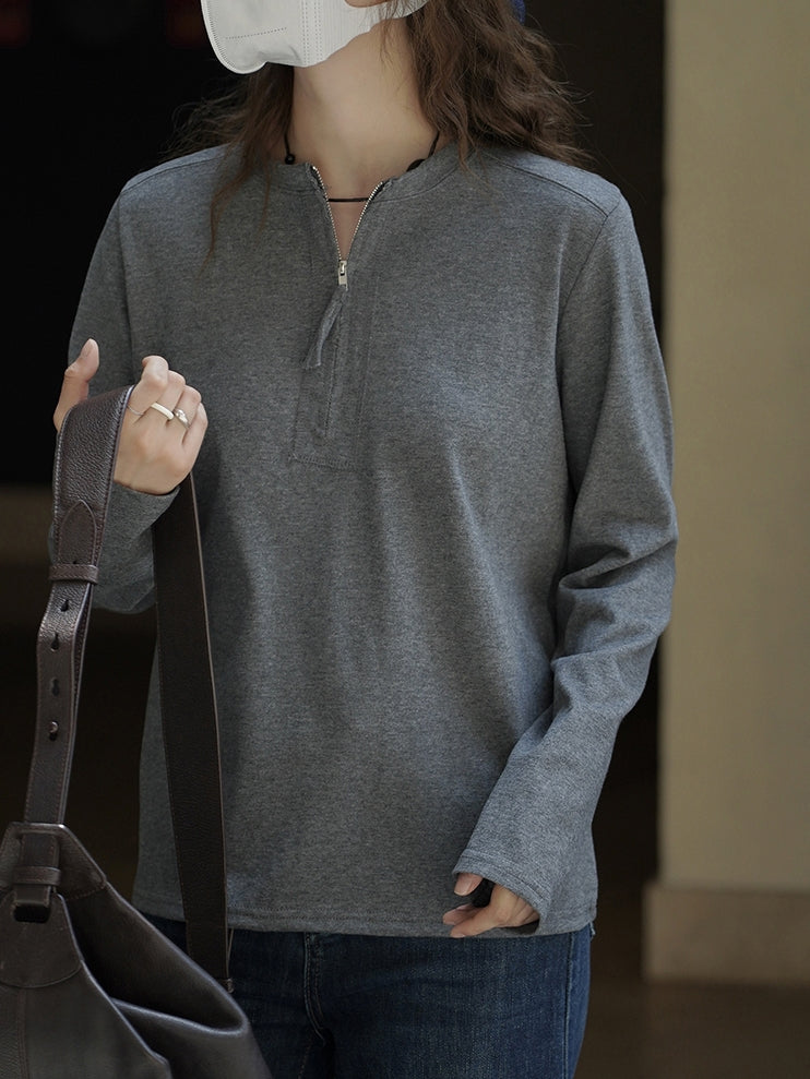 Simple Half-Zip Long-Sleeved Tops_BDHL7776
