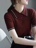 Small Lapel Contrast Knit Polo Top_BDHL7305