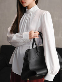 Stand Collar Tucked Blouse_BDHL6454