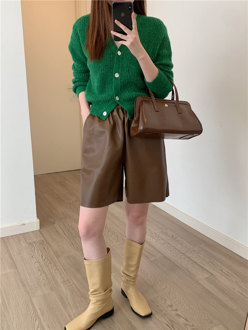 PU Leather A-Line Mid-Length Shorts_BDHL6770