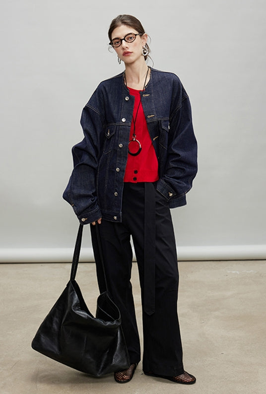 Retro Collarless Denim Jacket_BDHL7197