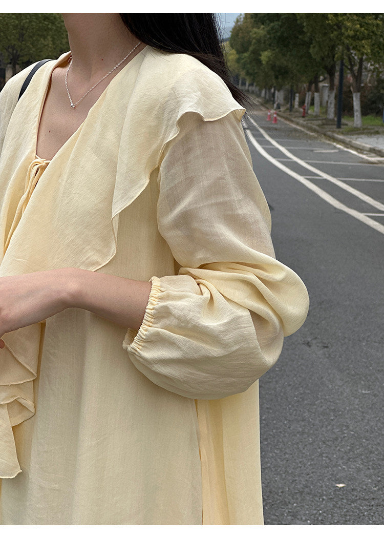 Ruffle V-neck Puff Sleeve Loose Long Dress_BDHL8262