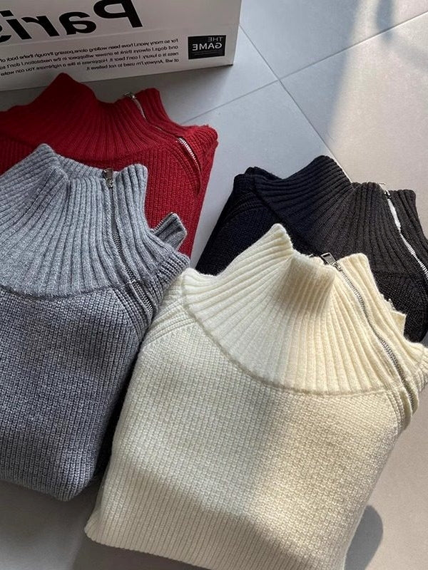 Zipper Turtleneck Loose Knit Tops_BDHL8036