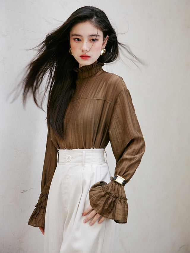 Ruffle High-Neck Sheer Blouse_BDHL6751