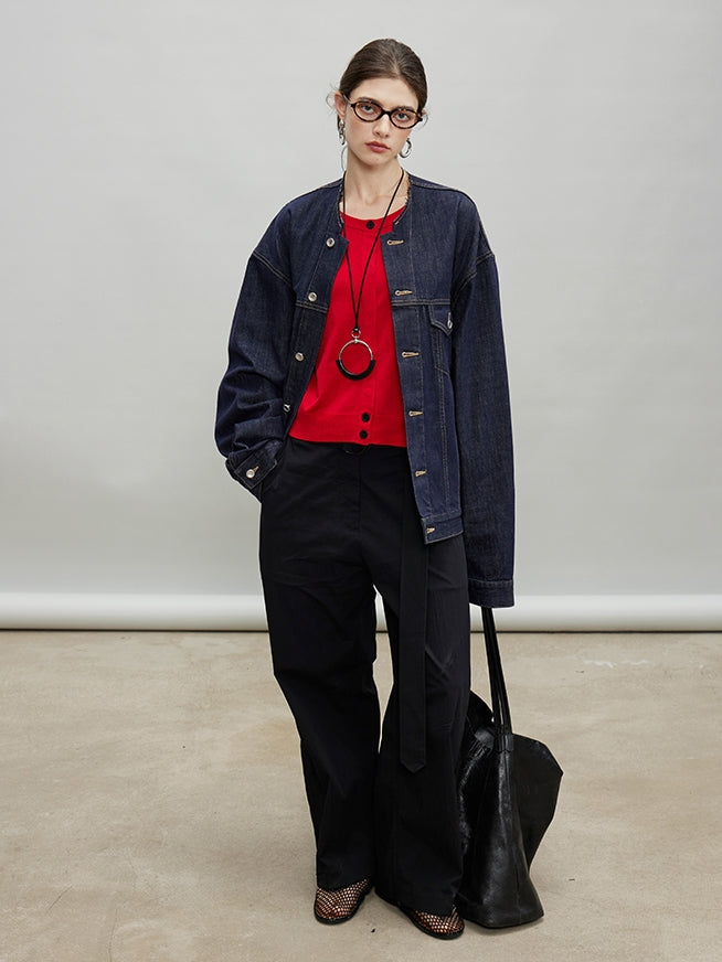 Retro Collarless Denim Jacket_BDHL7197