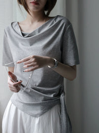 Swing Collar Side Lace Tencel Short Sleeve T-Shirt_BDHL7300