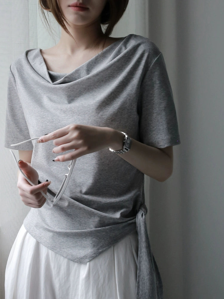 Swing Collar Side Lace Tencel Short Sleeve T-Shirt_BDHL7300