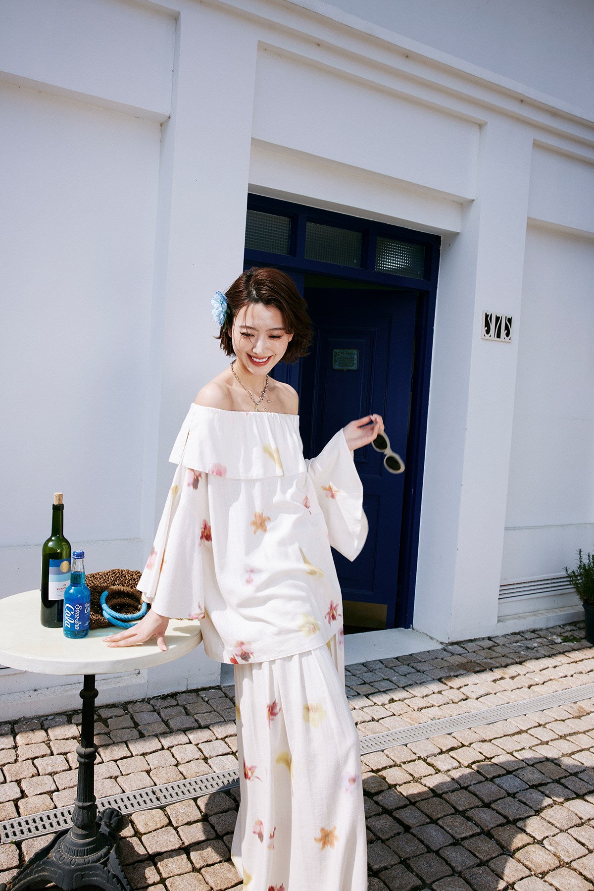 Floral Print Off-Shoulder Top or Wide-leg Pants_BDHL8234