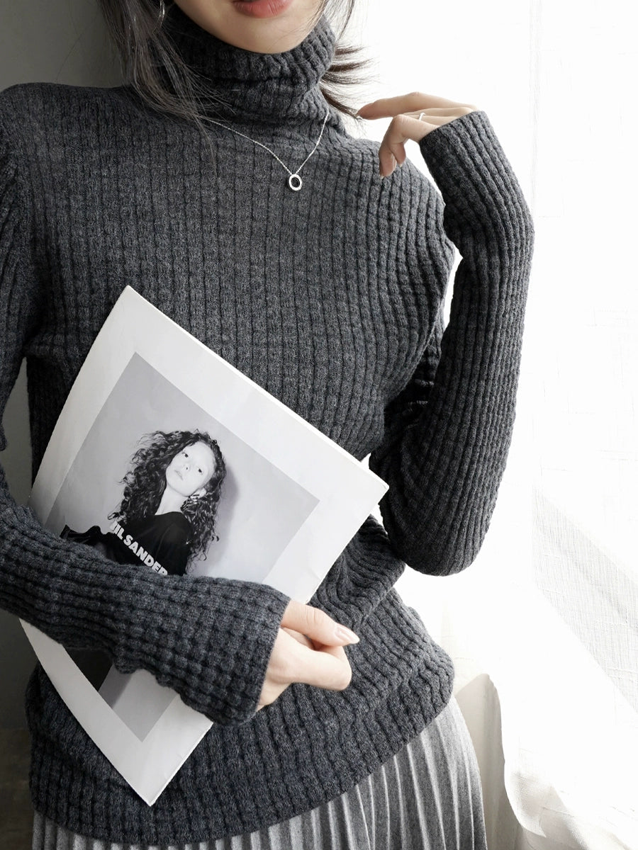 Turtleneck Or High-Neck Waffle Knit Tops_BDHL7930