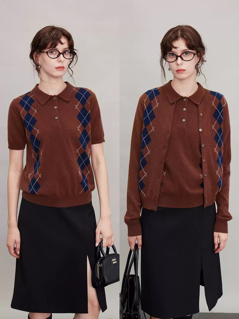 Diamond Pattern Short-Sleeved Tops Or Cardigan_BDHL6635