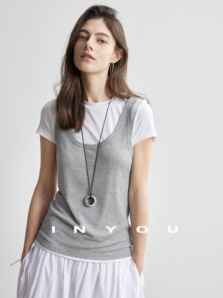 Round Neck T-Shirt And Sleeveless Tops Set_BDHL7174