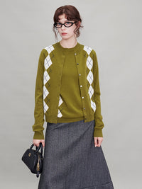 Green Argyle Short-Sleeved Tops Or Cardigan_BDHL6631