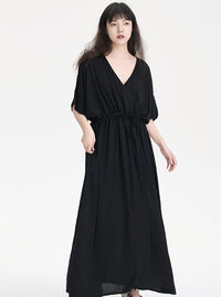 V-Neck Gathered Black Dress_BDHL6241