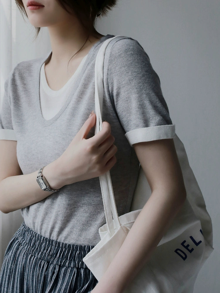 Soft Crew Neck Fake Two-Piece Knit Tee_BDHL7313