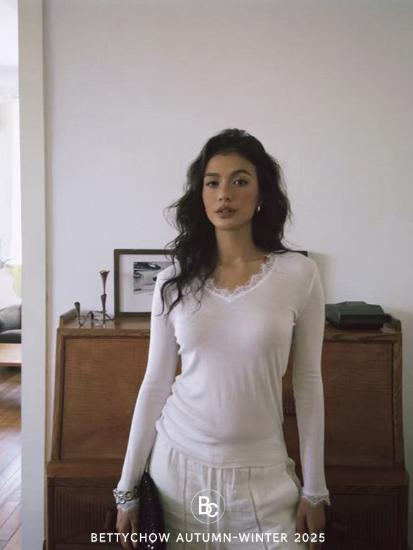 蕾絲V領長袖上衣_BDHL8058