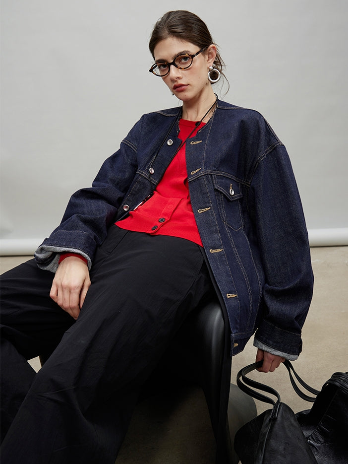 Retro Collarless Denim Jacket_BDHL7197