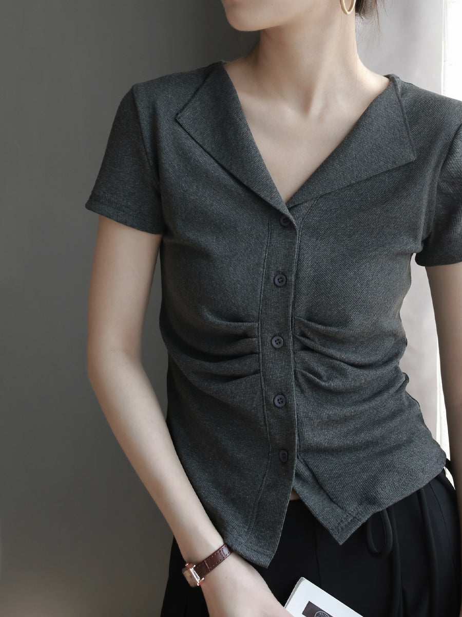 Waist Pleated Front Button Tops_BDHL7581