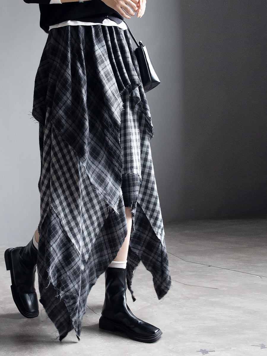 Checkered Asymmetrical Midi Skirt_BDHL7933