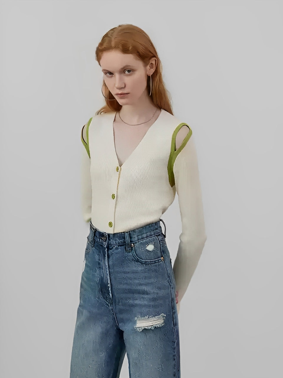 Shoulder Cut-Out V-Neck Cardigan_BDHL7143