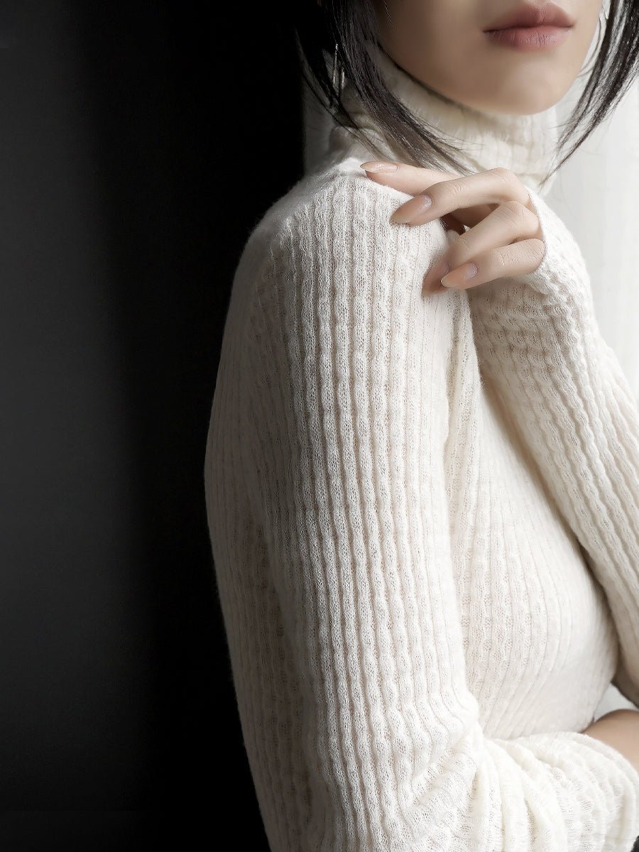 Turtleneck Or High-Neck Waffle Knit Tops_BDHL7930