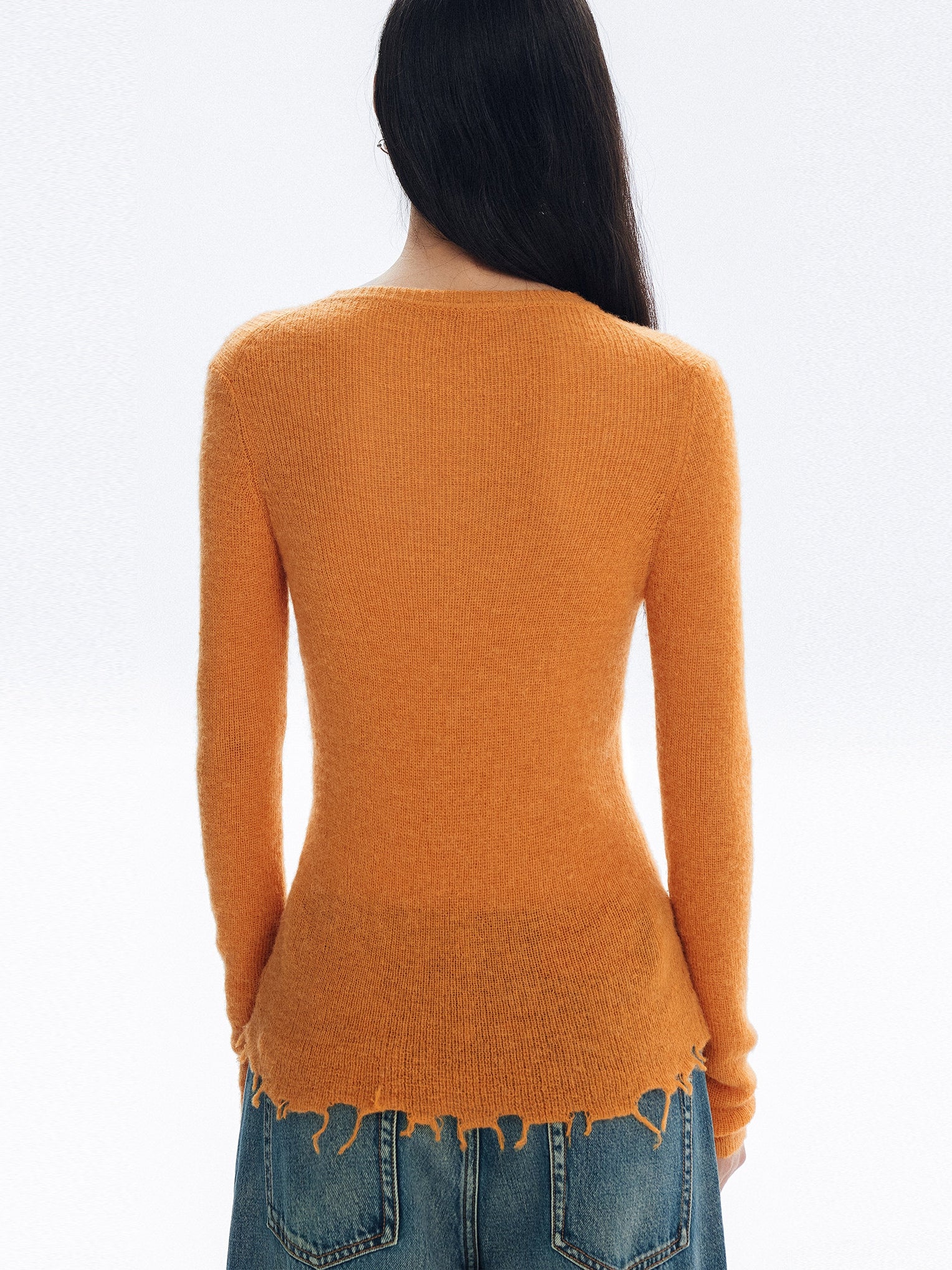 Irregular Frayed Hem Knit Tops_BDHL8146