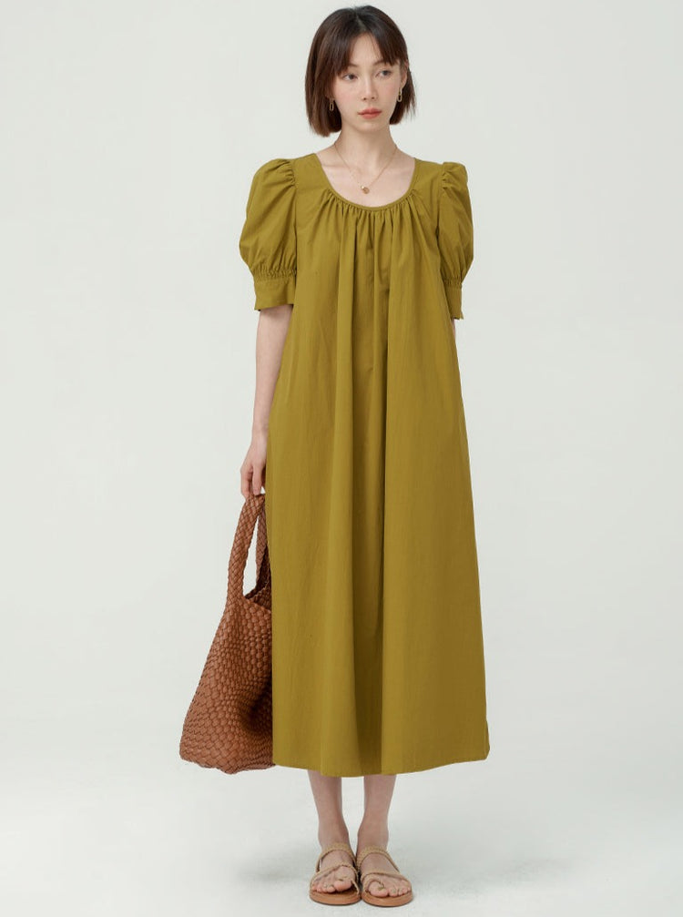 Pleated Loose Puff Sleeve Dress_BDHL6237