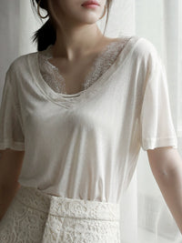 Cloud Cotton Lace Panel V-Neck Sheer T-Shirt_BDHL7303