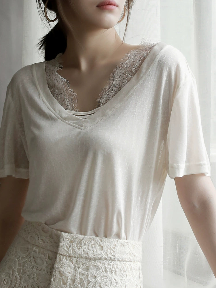 Cloud Cotton Lace Panel V-Neck Sheer T-Shirt_BDHL7303