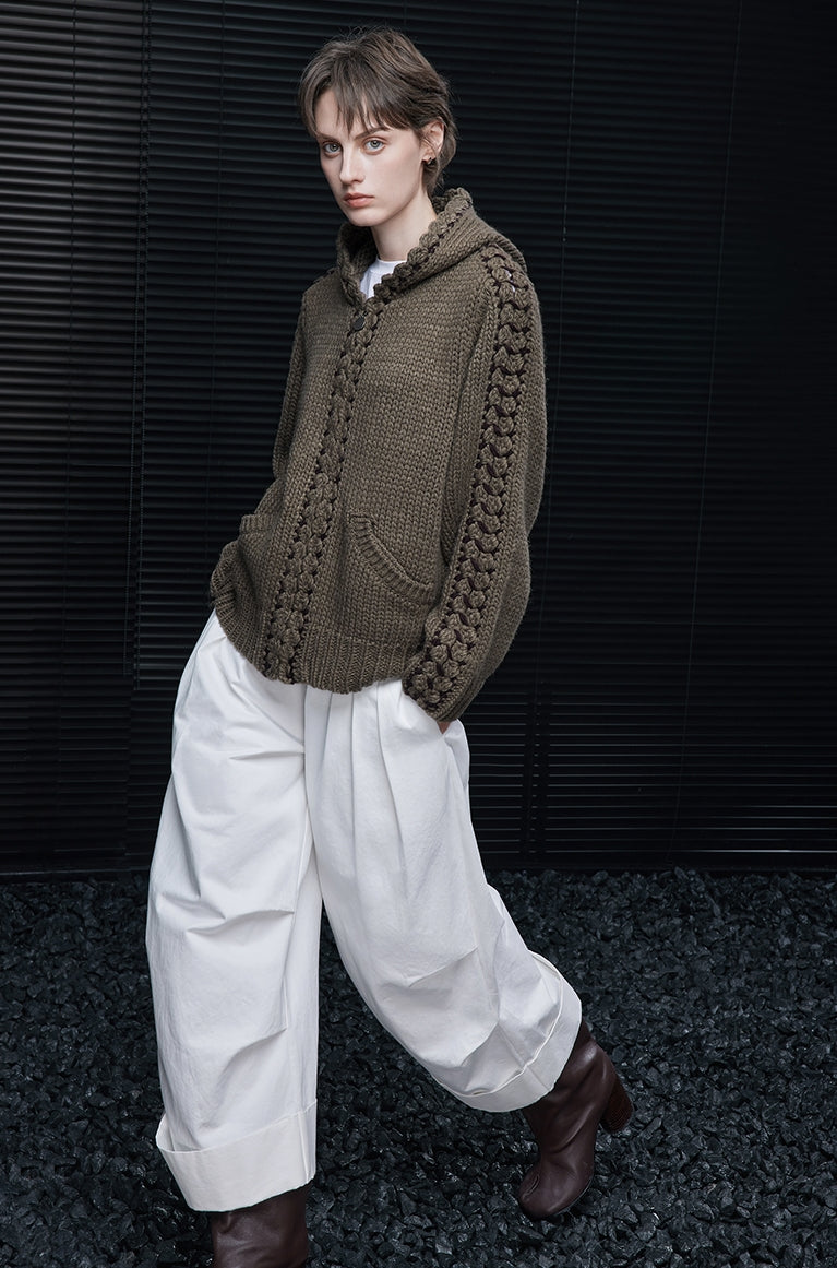 Hooded Brown Knit Cardigan_BDHL7874