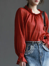 Collar Ribbon Bell Sleeve Shirt_BDHL7270