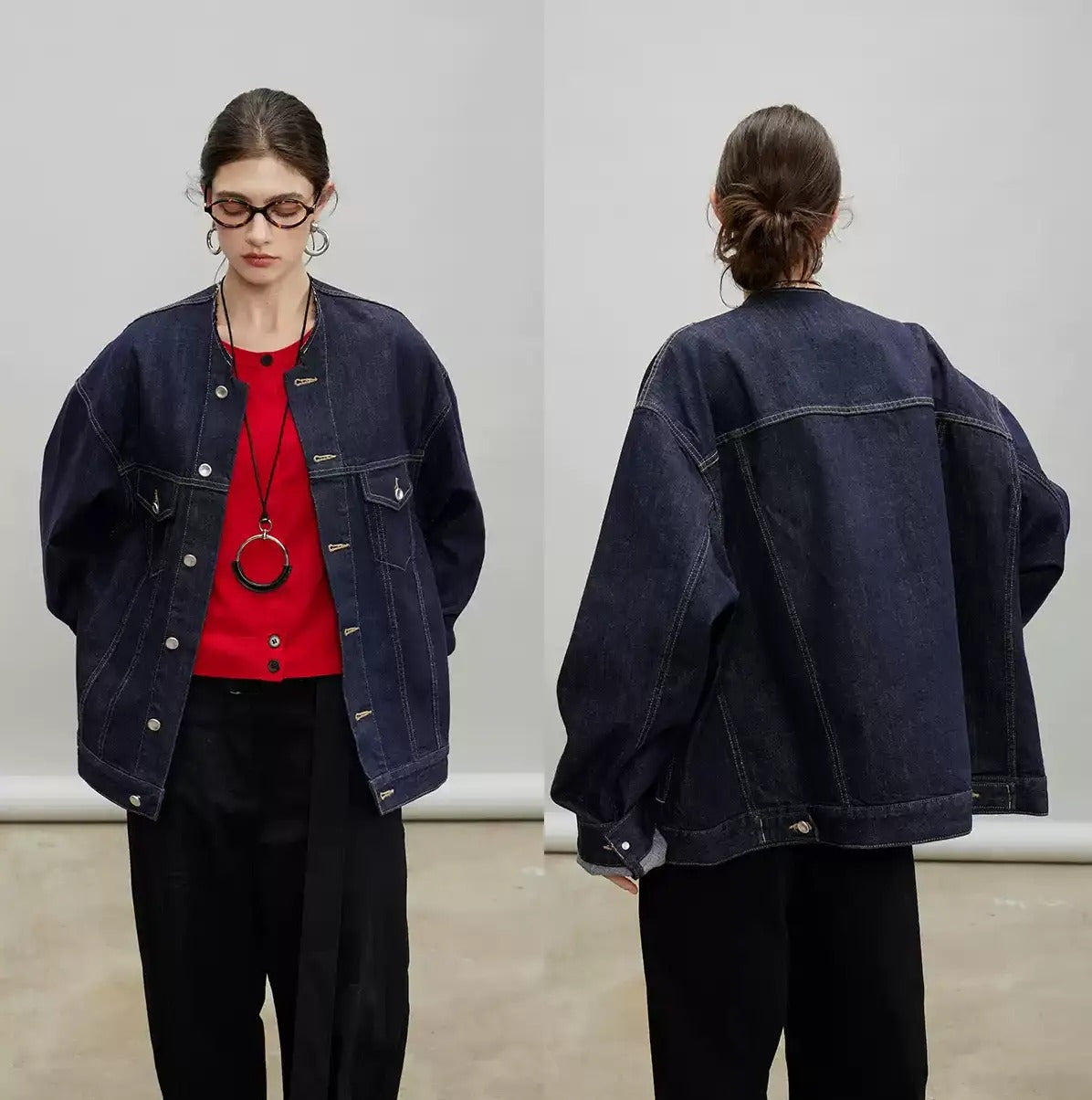 Retro Collarless Denim Jacket_BDHL7197
