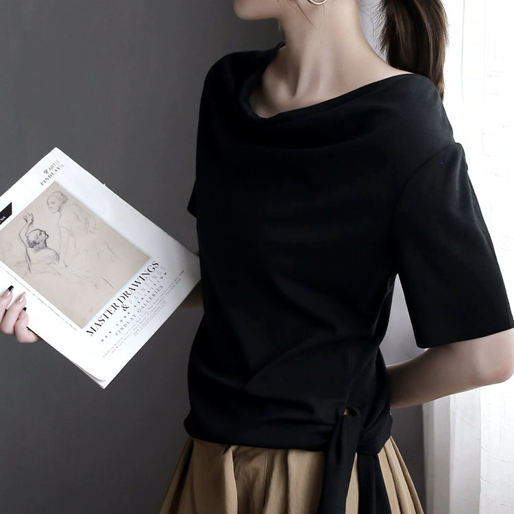Swing Collar Side Lace Tencel Short Sleeve T-Shirt_BDHL7300