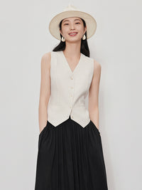 Short linen thin V-neck vest_BDHL5886